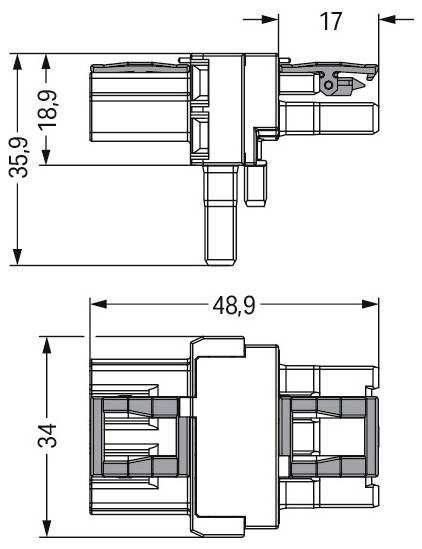 Technische Zeichnung eines Verbinders mit Abmessungen: Gesamthöhe 35,9 mm, Breite 48,9 mm und Tiefe 34 mm mit gekennzeichneten Abschnitten.