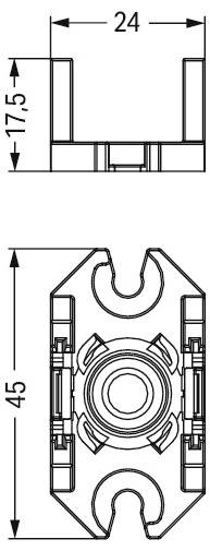 Technische Zeichnung einer Komponente mit Abmessungen: 24 mm breit, 17,5 mm hoch in der Seitenansicht und 45 mm hoch in der Vorderansicht.