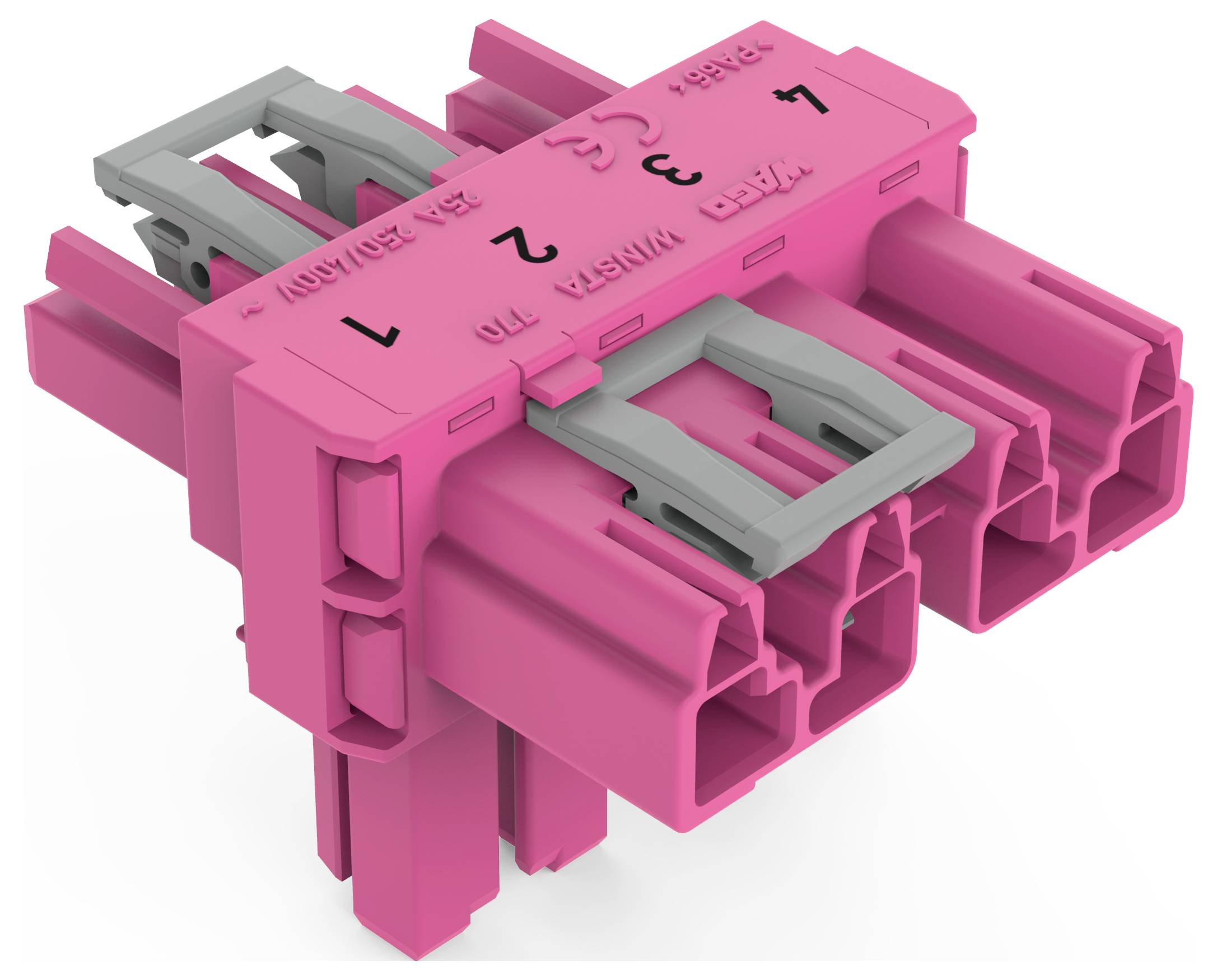Ein rosa und grauer Elektrostecker mit beschrifteten Steckplätzen, nummeriert von 1 bis 7, wird für sichere Elektroleitungsverbindungen verwendet.