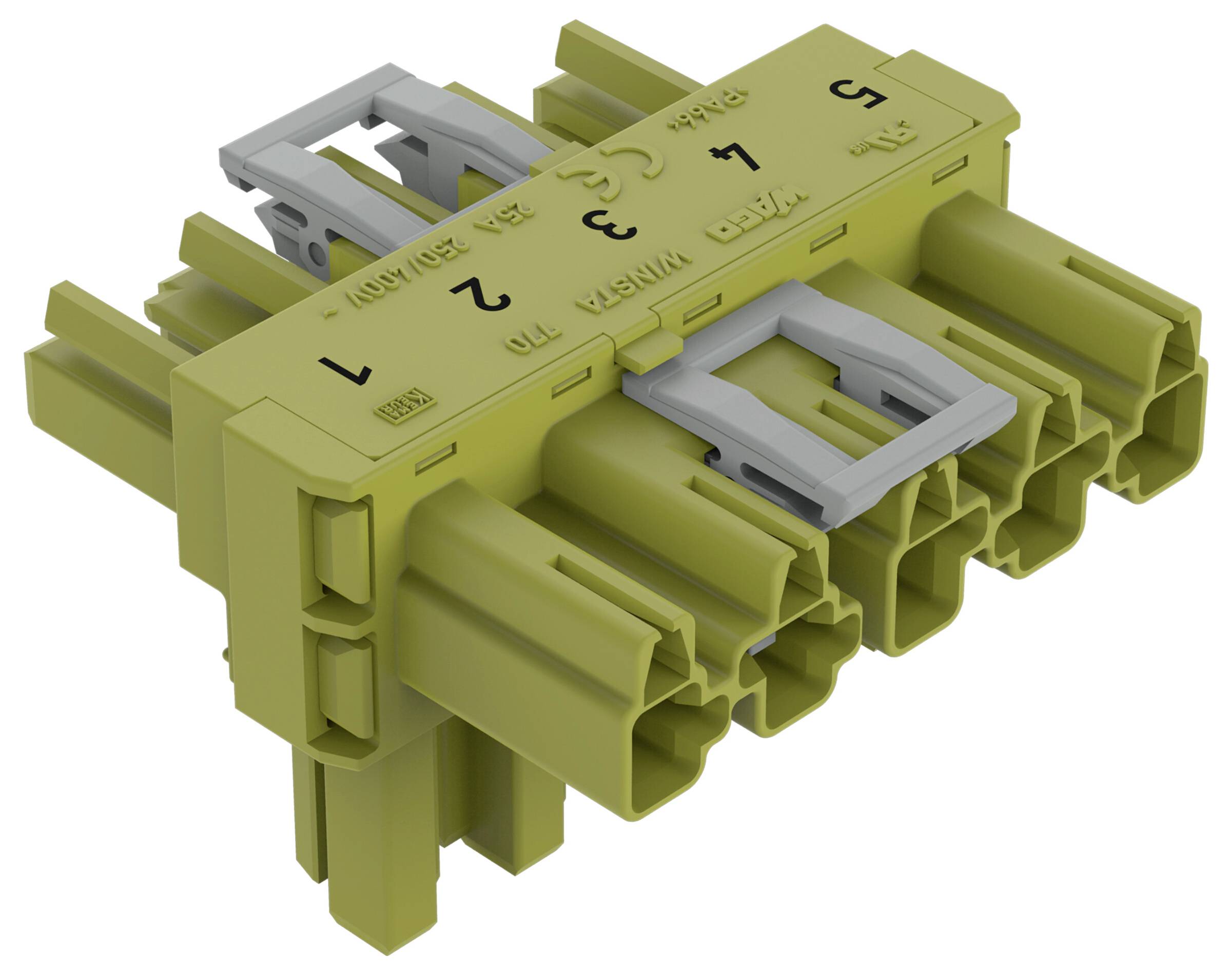 Ein gelber Elektroverbindungsblock mit sechs nummerierten Schlitzen und grauen Befestigungselementen, gekennzeichnet mit '1' bis '6'.