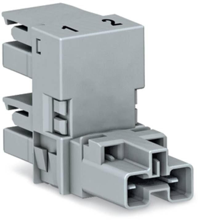 Grauer Elektrostecker mit mehreren Schlitzen und externer Isolierung. Die Oberseite ist mit „1