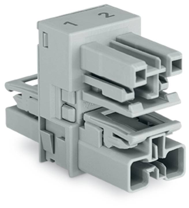 Ein grauer Dual-Stecker mit Schlitzen für zwei Kabel, die mit '1' und '2' gekennzeichnet sind, verwendet für elektrische Verbindungen und Geräteintegration.
