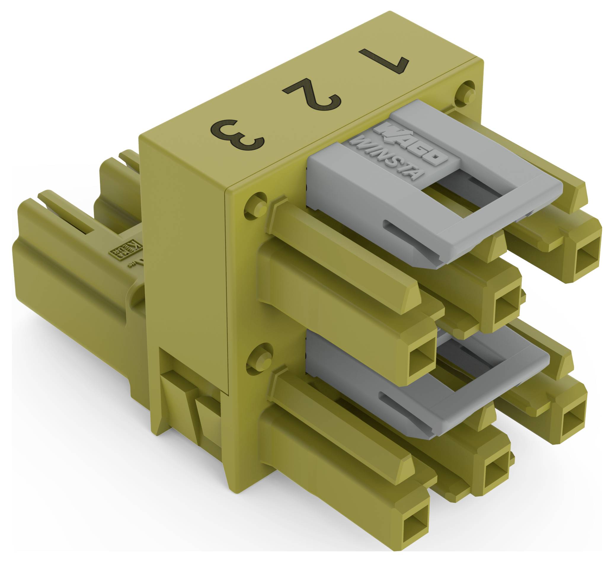 Ein rechteckiger, mehrstiftiger elektronischer Stecker mit drei Reihen mit den Nummern „1", „2" und „3". Er verfügt über eine Mischung aus gelben und grauen Komponenten.