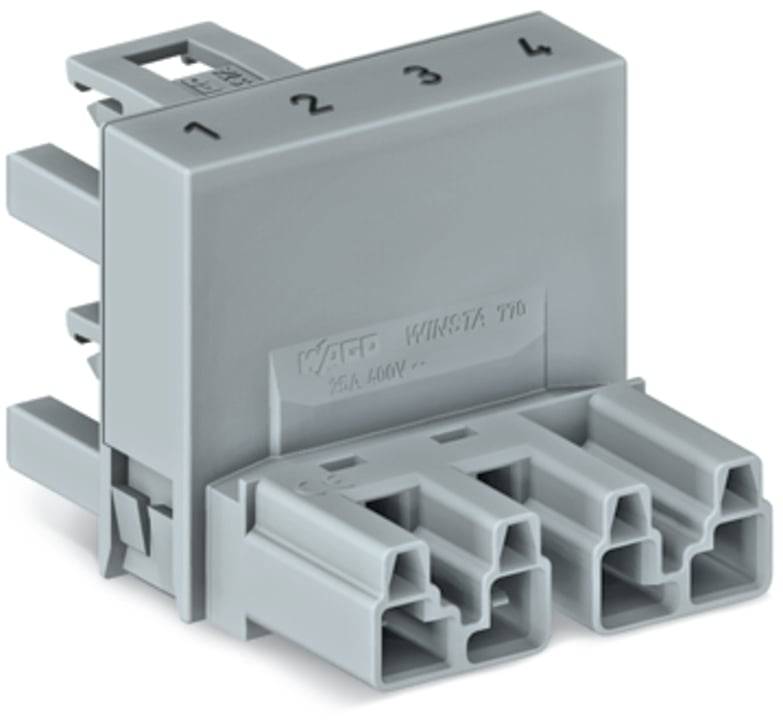 Ein grauer Elektrostecker mit vier nummerierten Anschlüssen mit den Bezeichnungen '1' bis '4' für Stromverbindungen, maximal 25A, 400V.
