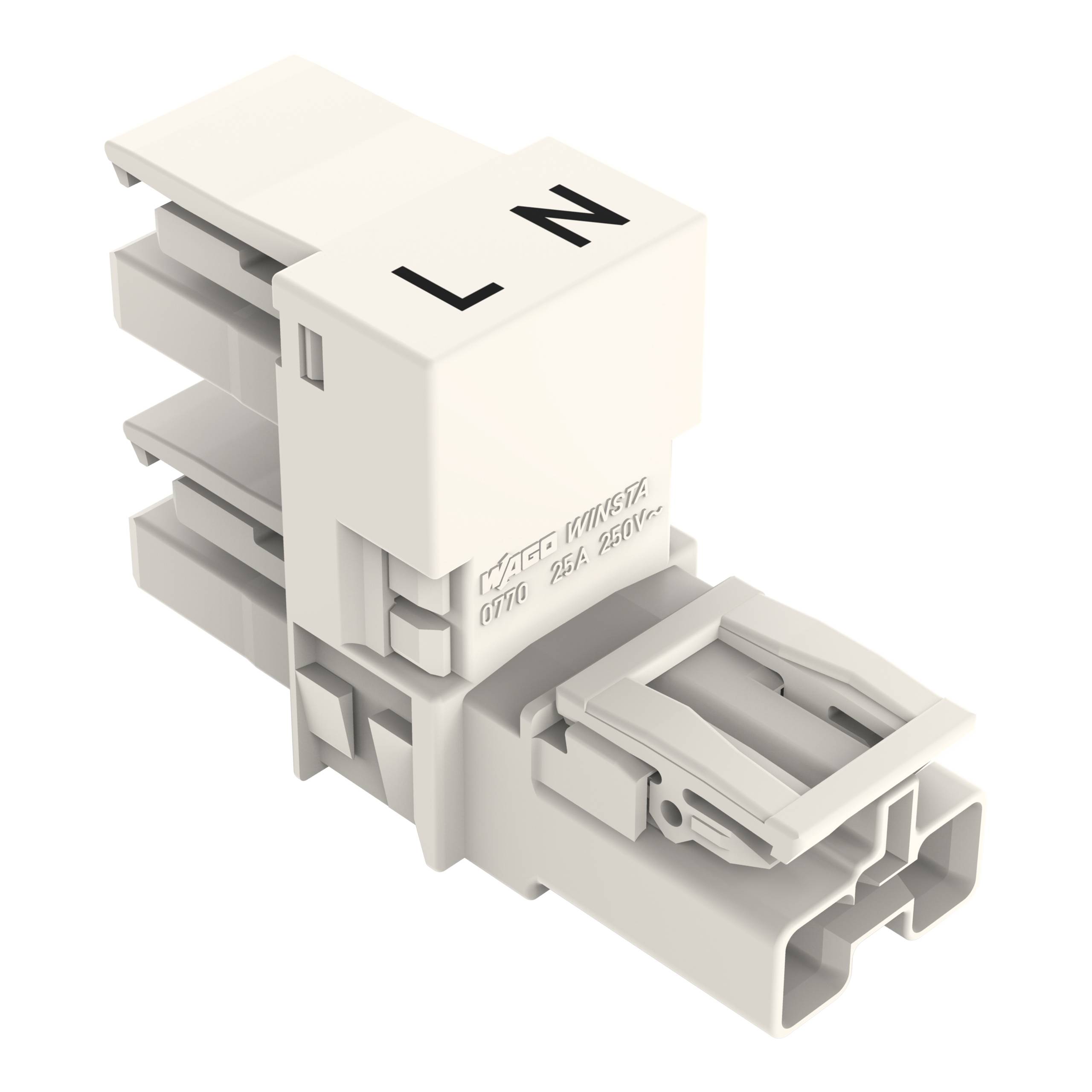 Ein weißer Elektrostecker mit der Bezeichnung „L N
