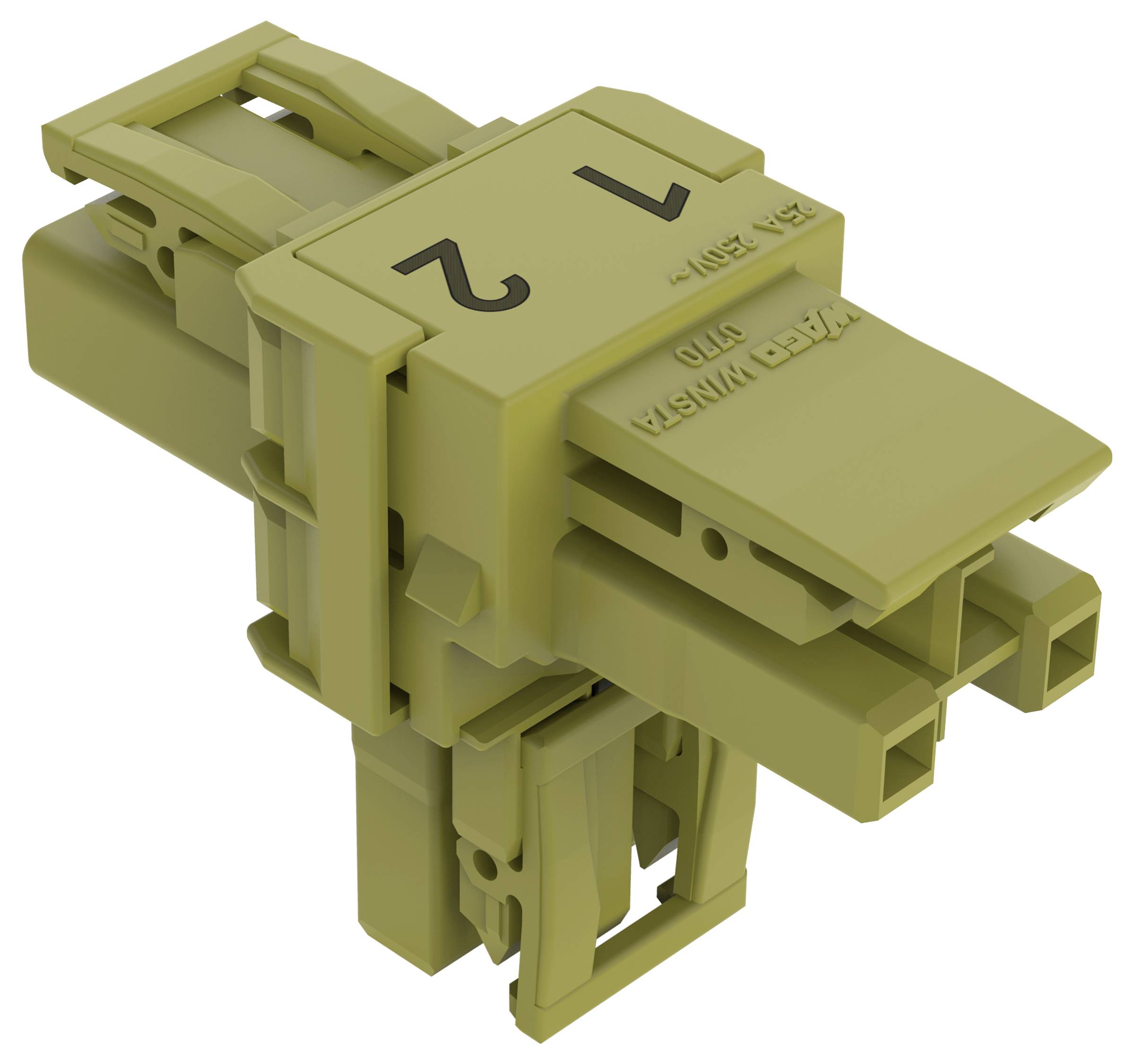 Eine Nahaufnahme eines beigen Elektrosteckers mit sichtbarem Text „A22 400V" und den Nummern „1" und „2", die Anschlusspunkte kennzeichnen.