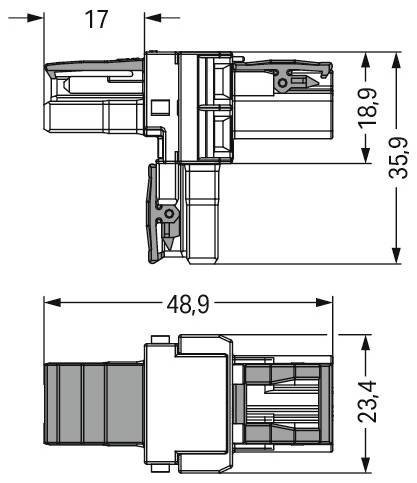 Technische Zeichnung eines Elektrosteckers mit Abmessungen: 17 mm Breite, 18,9 mm Höhe, 23,4 mm Tiefe, 35,9 mm vertikale Länge und 48,9 mm horizontale Länge.