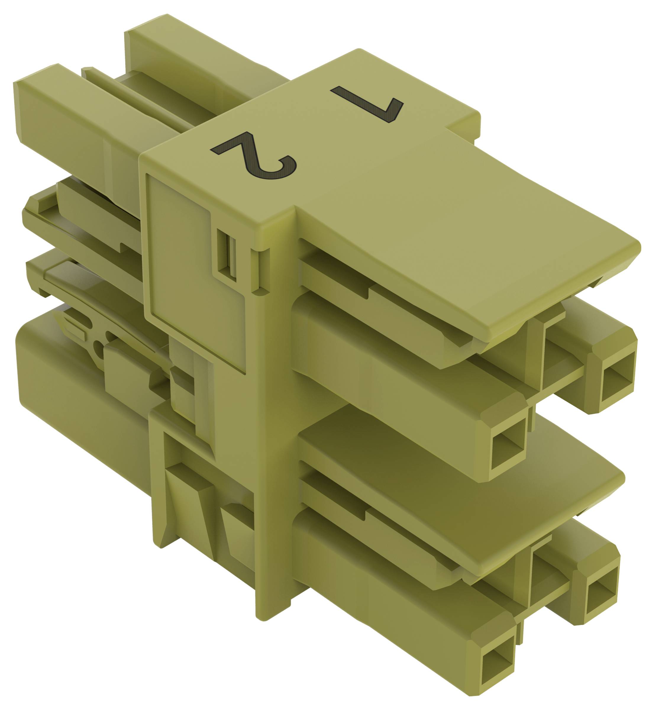 Stackable connector block in olive green, numbered 1 and 2 on top. Used in electrical applications for modular connections.