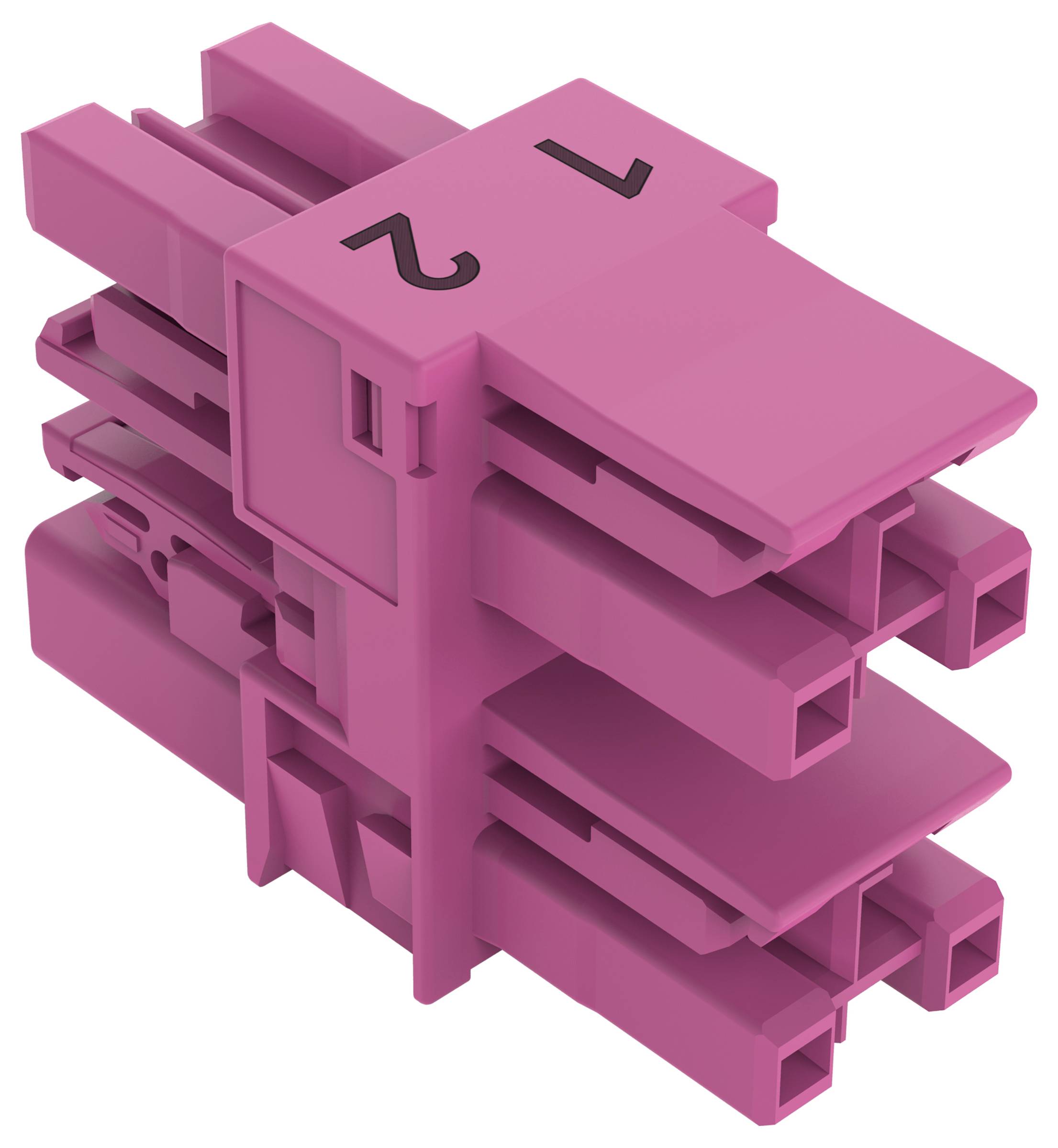 Ein rosa stapelbarer Stecker mit nummerierten Abschnitten 1 und 2, entwickelt für Elektroverkabelung oder Schaltungssysteme.