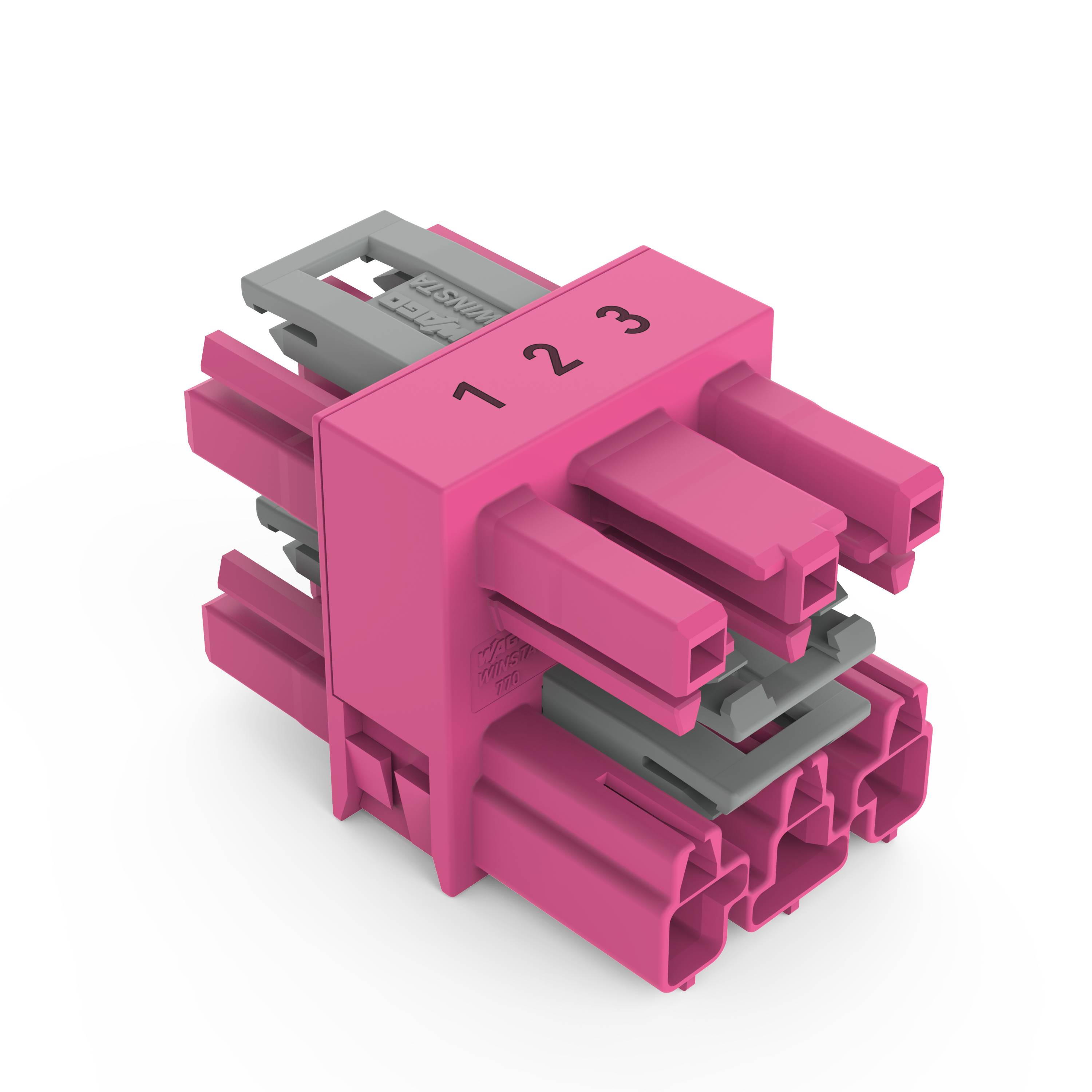 Nahaufnahme eines rosa Elektrosteckers mit drei beschrifteten Anschlüssen '1', '2', '3'; wird für Verkabelung und Konnektivität verwendet.