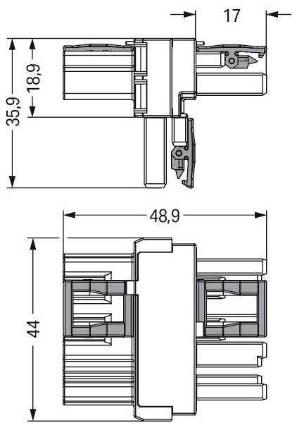 Technische Zeichnung einer mechanischen Komponente mit Abmessungen: Draufsicht zeigt 17mm Breite und 35,9mm Höhe; Seitenansicht zeigt 48,9mm Breite und 44mm Höhe.