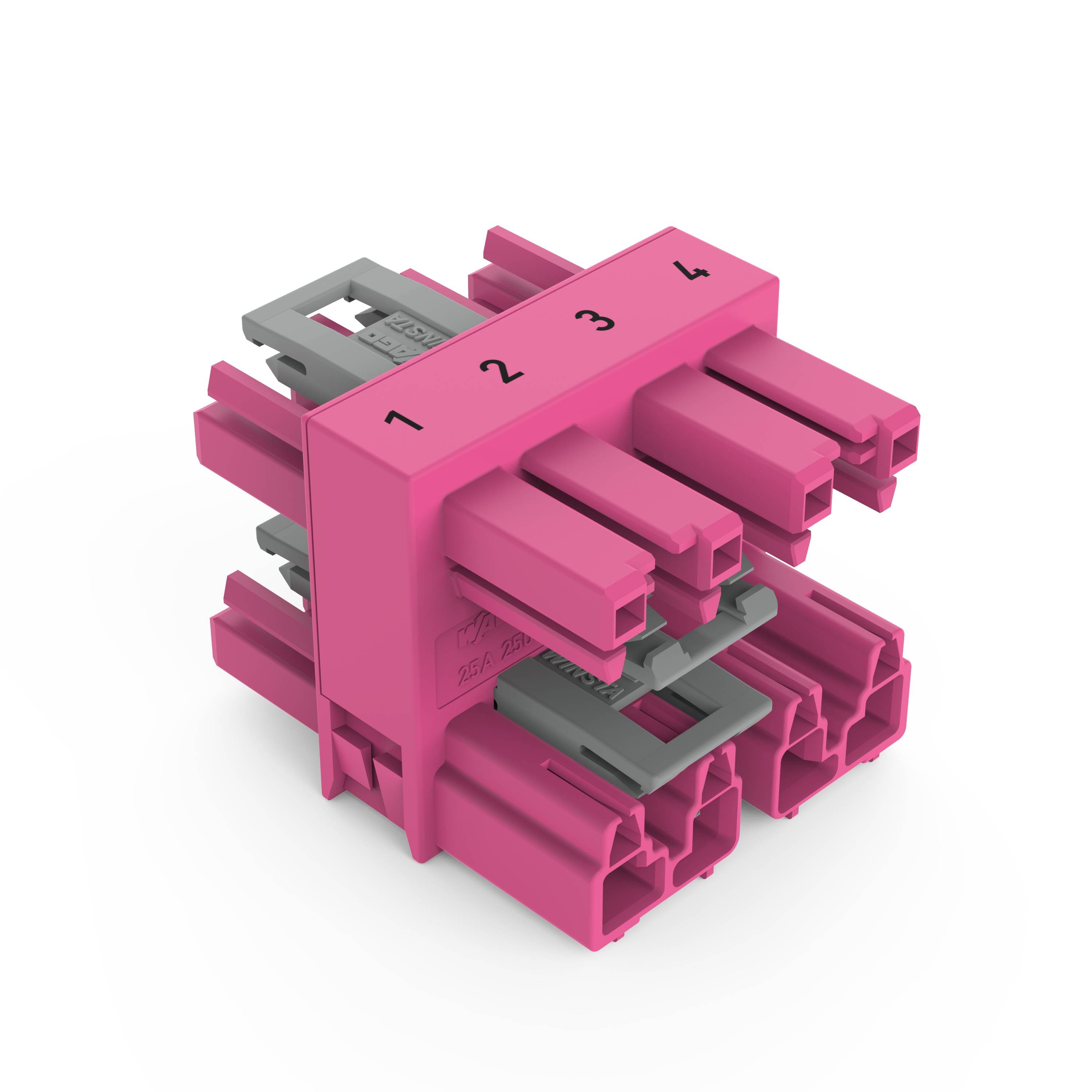 Ein rosa, nummerierter Elektrostecker mit vier Schlitzen, der graue interne Komponenten für einen Verdrahtungs- oder technischen Montagekontext zeigt.