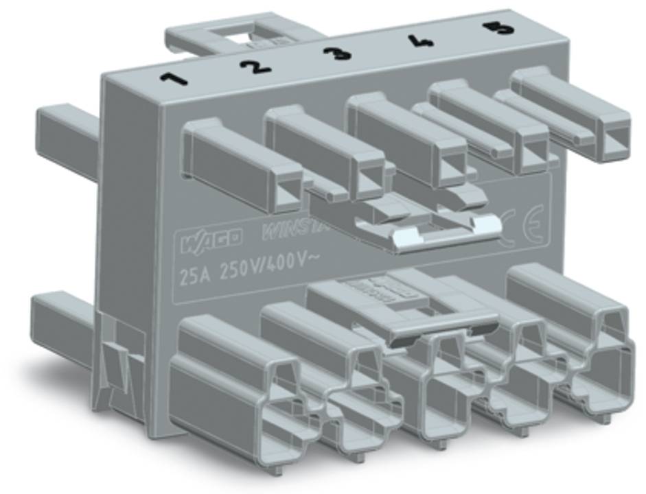 Ein grauer Elektroanschluss mit den Nummern 1 bis 5 und den Spezifikationen: 25A, 250V/400V.