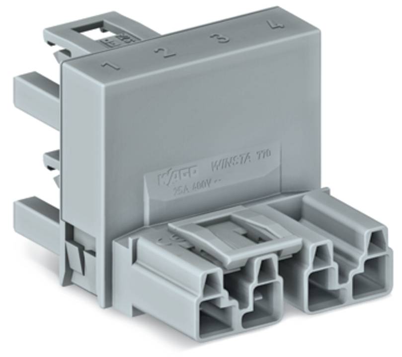 Grauer WAGO-Verbindungsblock, Modell WINSTA 770, mit nummerierten Anschlüssen 1 bis 4 und drei Steckverbindungen, Nennstrom 25A, 600V.