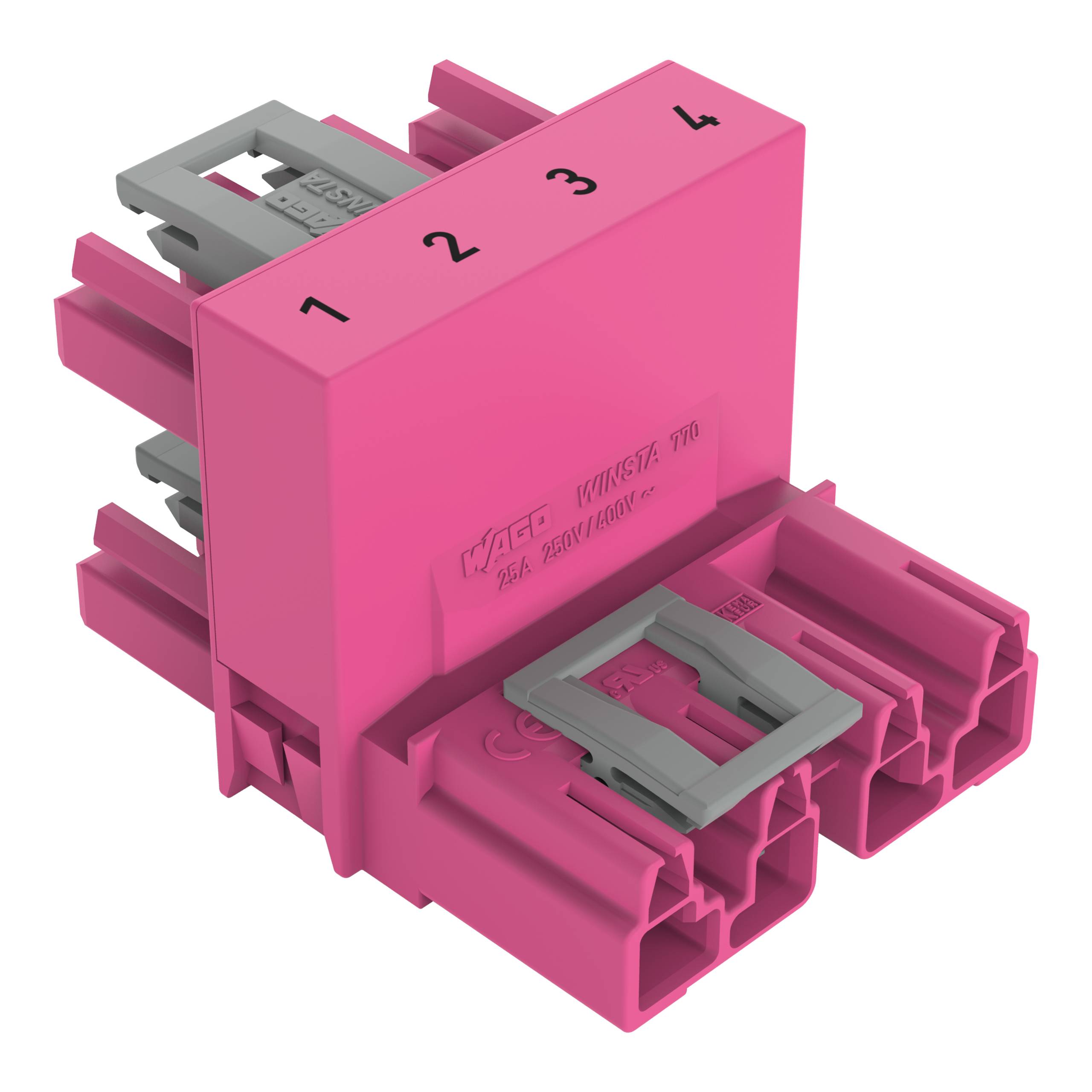 Eine rechteckige rosa elektrische Komponente, beschriftet mit '1', '2', '3', '4', mit grauen Anschlüssen und dem Text 'WAGO MINI-TERMINAL'.