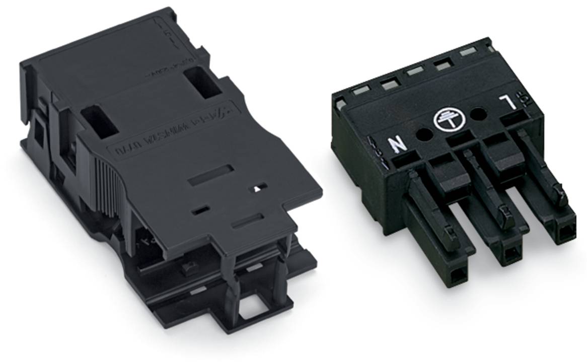 Zwei schwarze elektrische Stecker, einer mit einer flachen Oberflächenform und der andere mit drei Anschlüssen, die mit 'N', 'L' und '1' gekennzeichnet sind.