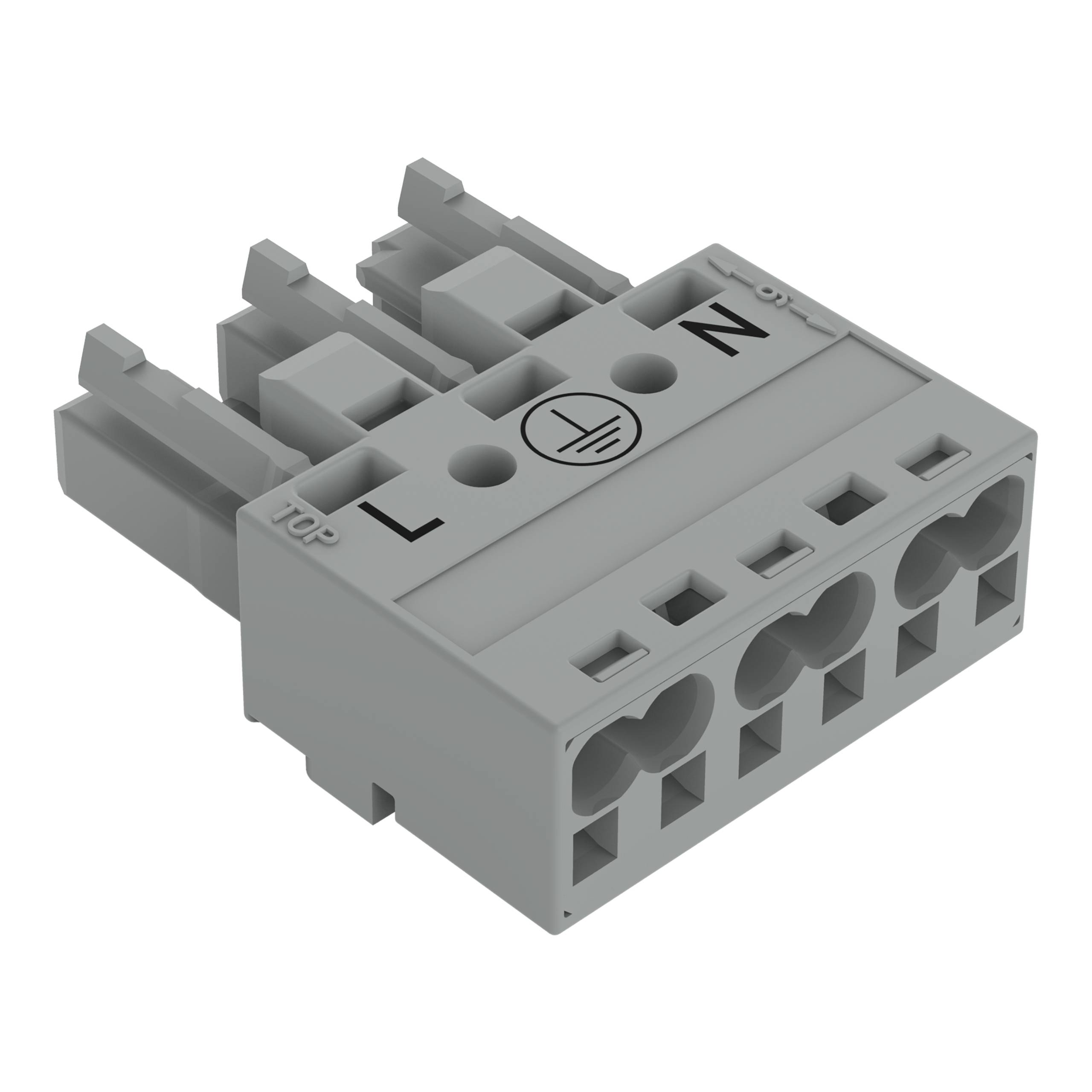 Ein grauer elektrischer Stecker mit beschrifteten Anschlüssen L, N und Erdungssymbol, die Leiter-, Neutral- und Erdungsverbindungen anzeigen.
