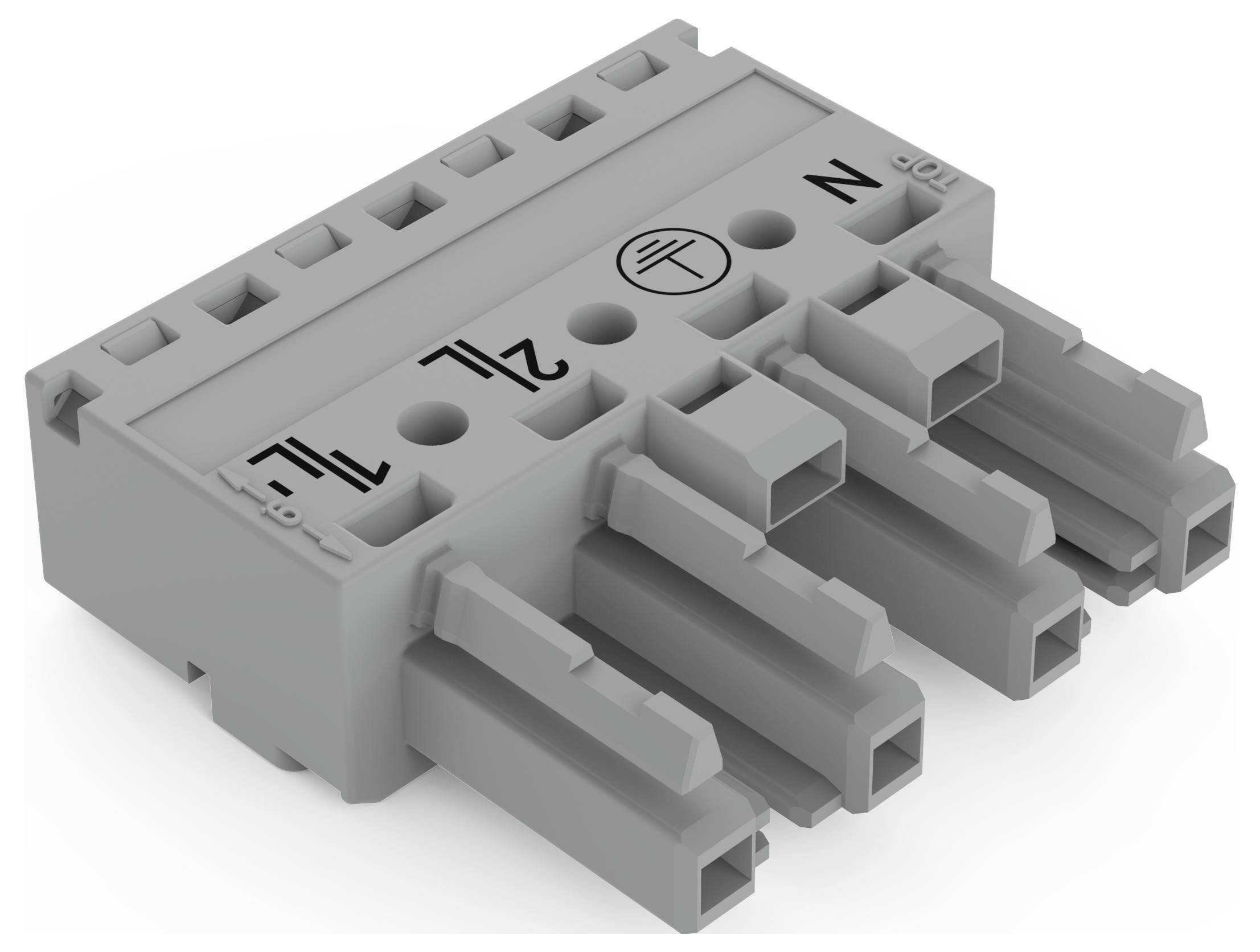Ein grauer Elektrostecker mit drei Anschlüssen mit den Bezeichnungen L, 2 und N, ausgelegt für Verdrahtungsverbindungen in elektrischen Geräten.