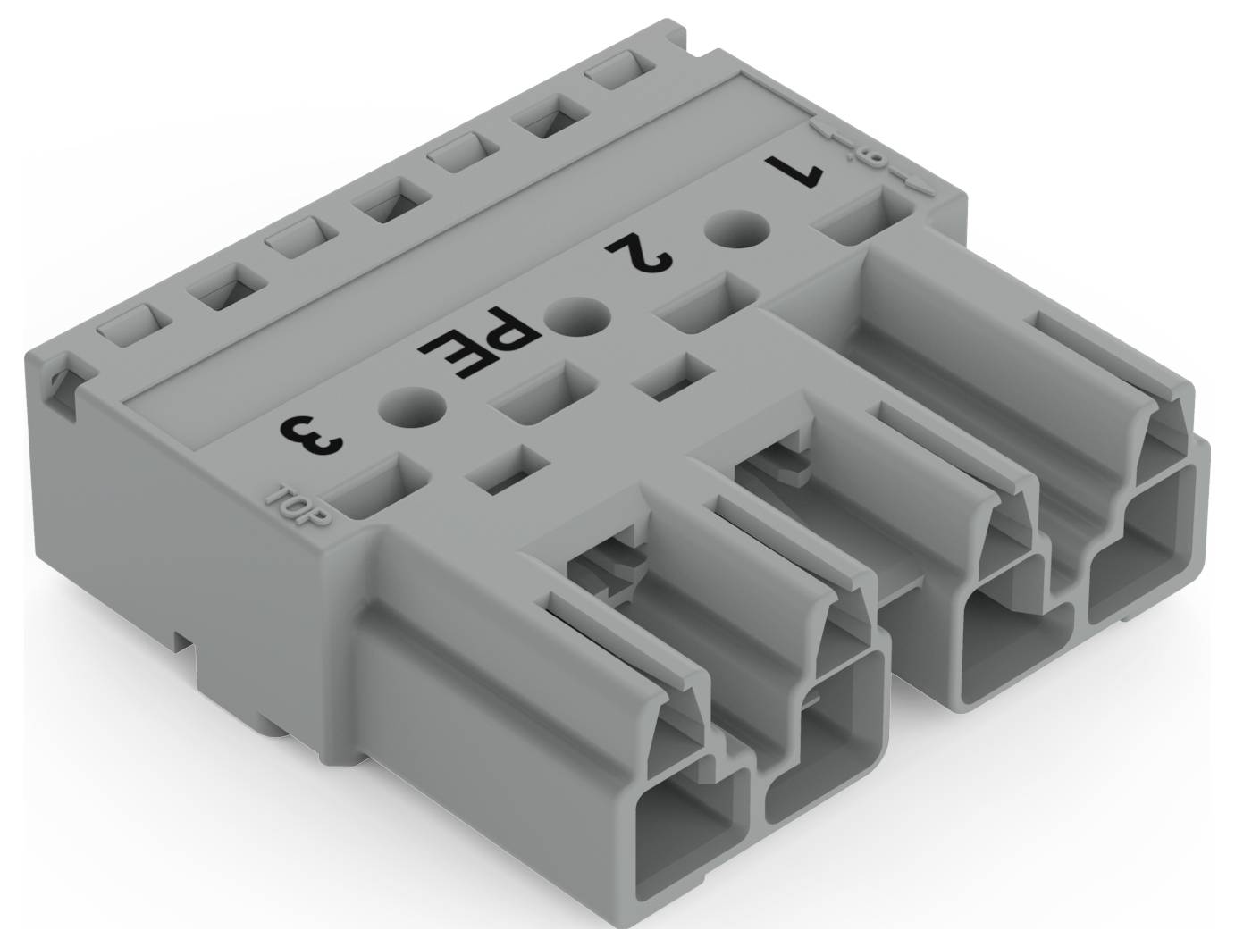Ein grauer Kunststoff-Elektrostecker mit beschrifteten Anschlüssen: 1, 2, 3 und PE. Drei offene Anschlussplätze für elektrische Verbindungen sind sichtbar.