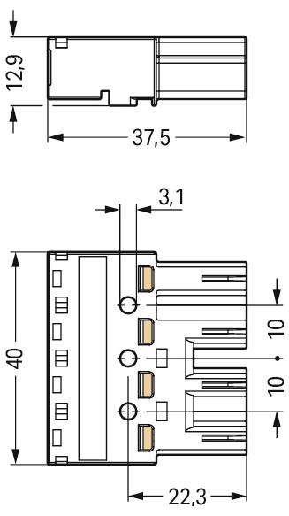 Technische Zeichnung eines Steckers mit Abmessungen: 37,5 mm Länge, 12,9 mm Höhe, 40 mm Breite. Teile gekennzeichnet mit Abständen wie 22,3 mm, 3,1 mm.
