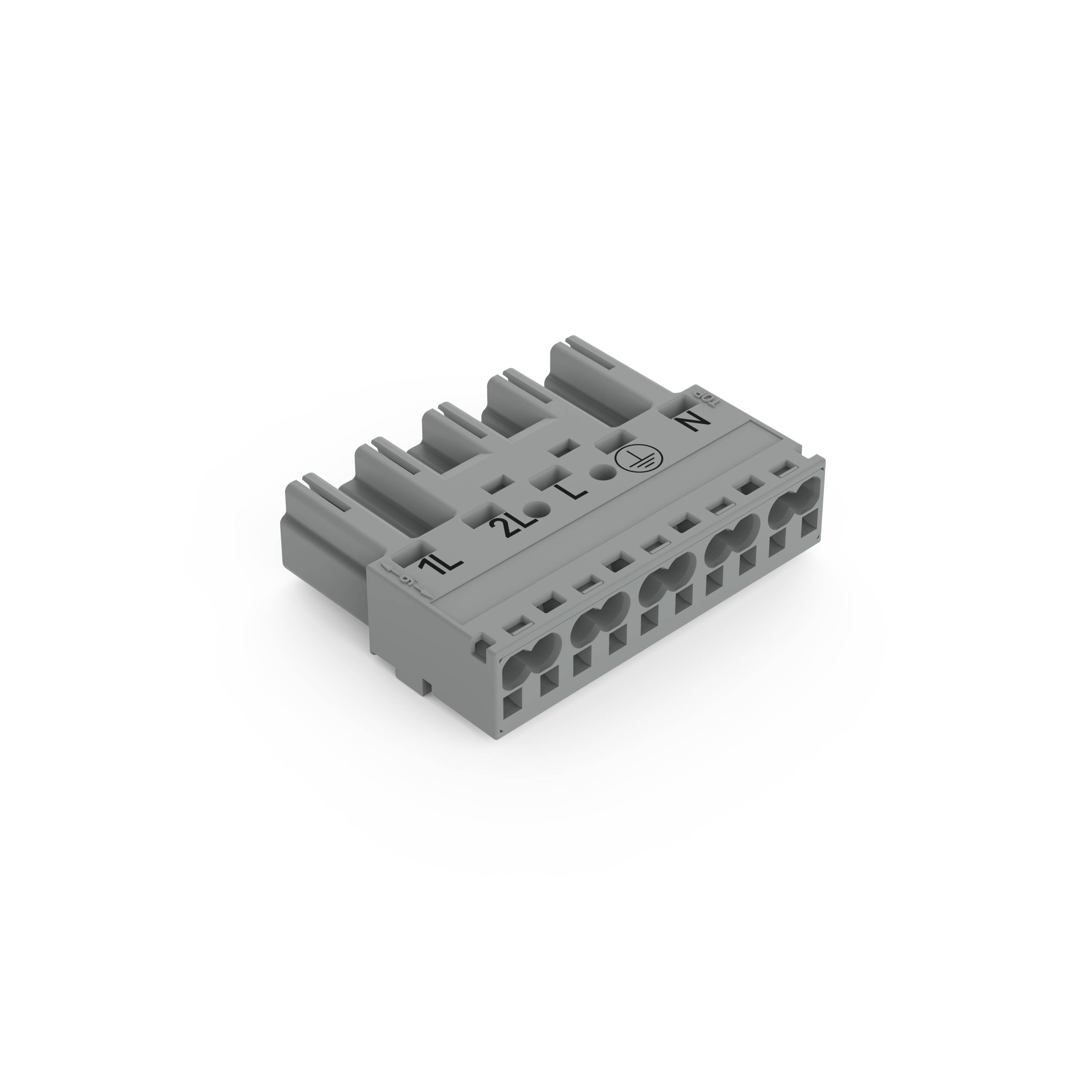 Ein grauer Elektrostecker mit mehreren Steckplätzen und eingraviertem Symbolen, der zur Schnittstellen-Verbindung in elektronischen Geräten oder Systemen verwendet wird.
