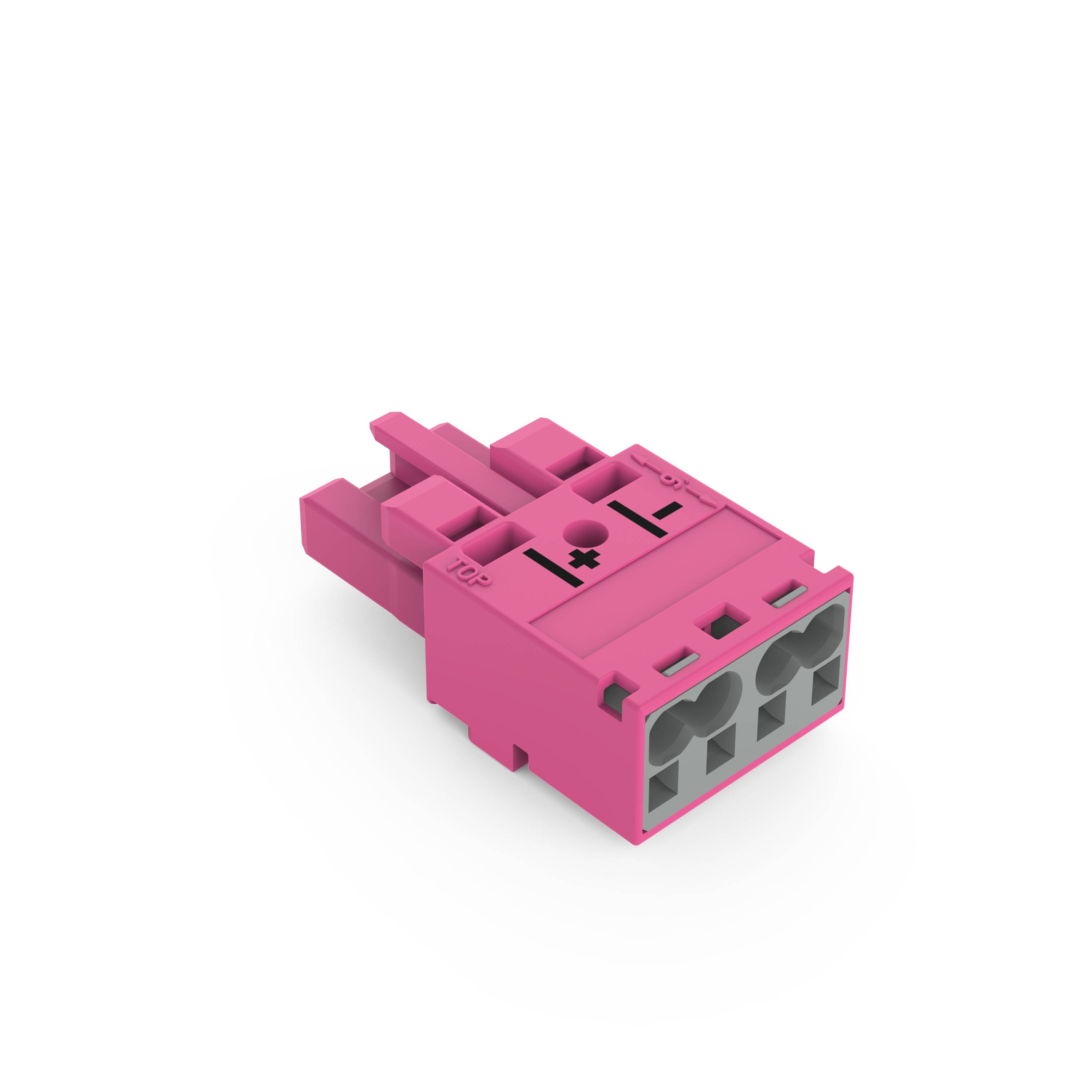 Ein rosa Elektrostecker mit drei Anschlüssen und Symbolen „+