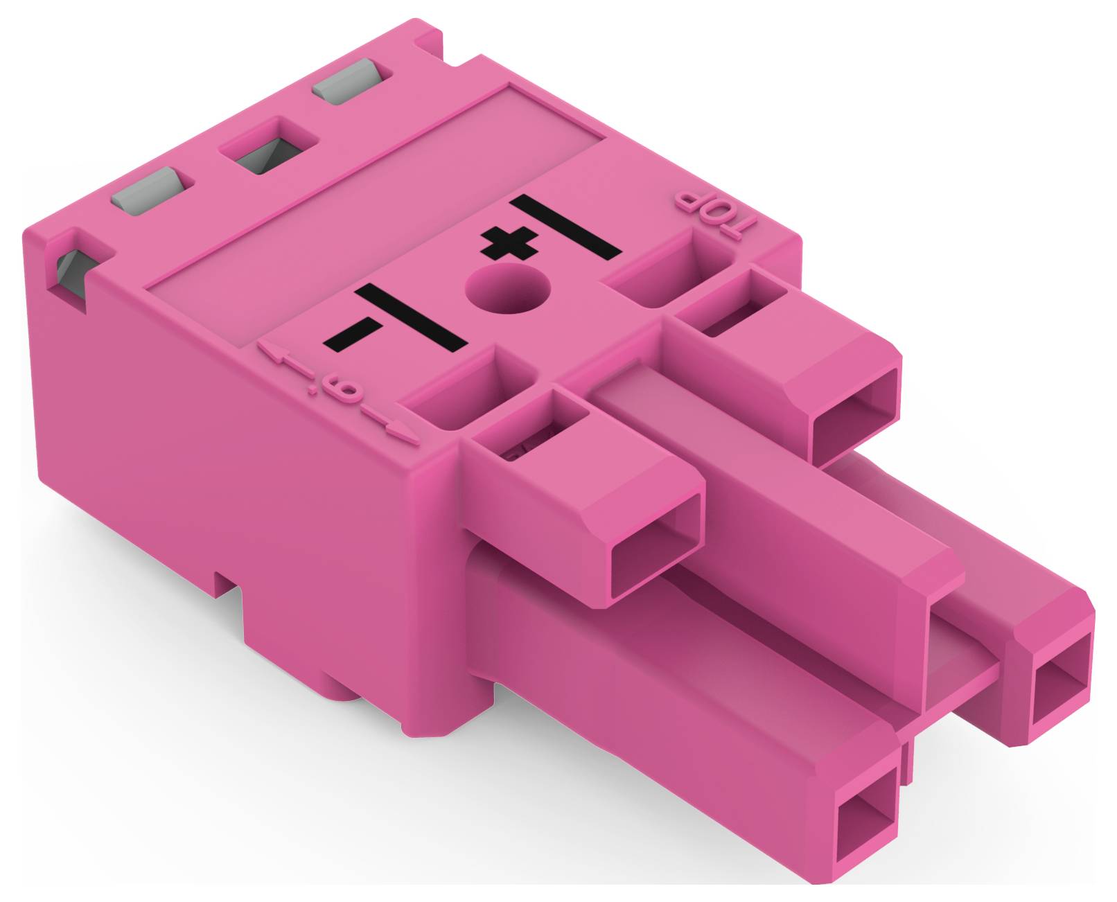 Ein rosa Kunststoff-Elektrostecker mit mehreren Schlitzen und einem '+'-Symbol, verwendet für modulare Verdrahtungssysteme oder Komponenten.