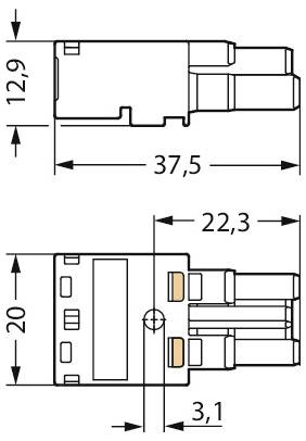 Technische Zeichnung eines Steckers mit Abmessungen: 37,5 mm Länge, 12,9 mm Höhe, 20 mm Breite und verschiedene detaillierte Messwerte.