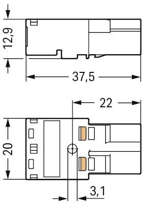 Technische Zeichnung mit einem rechteckigen Stecker mit den Abmessungen: Länge 37,5 mm, Breite 22 mm, Höhe 12,9 mm und einer weiteren Abmessung von 3,1 mm.