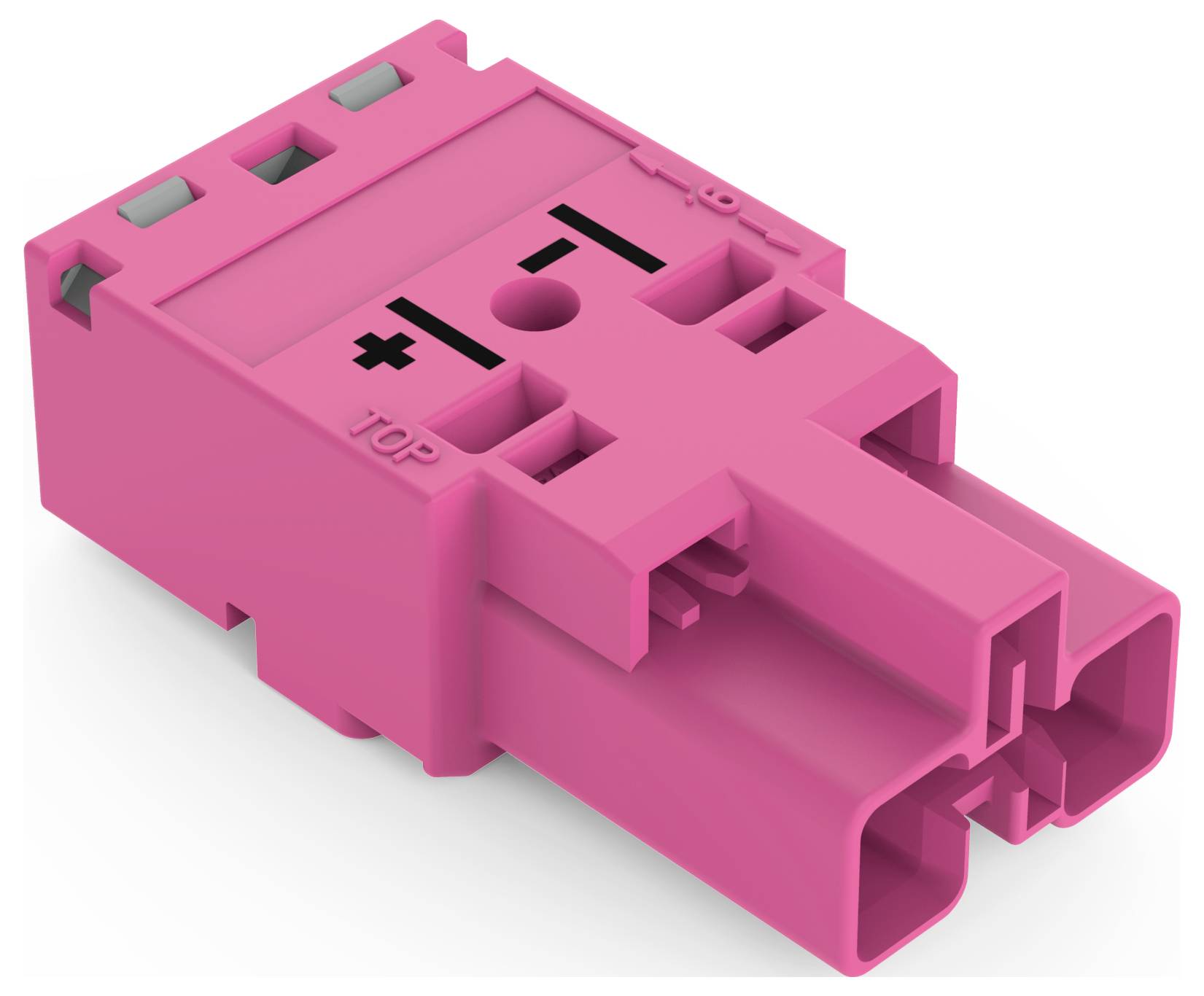Rosafarbener Stromstecker mit zwei rechteckigen Stiften, gekennzeichnet mit Plus- und Minussymbolen zur Polaritätsanzeige.