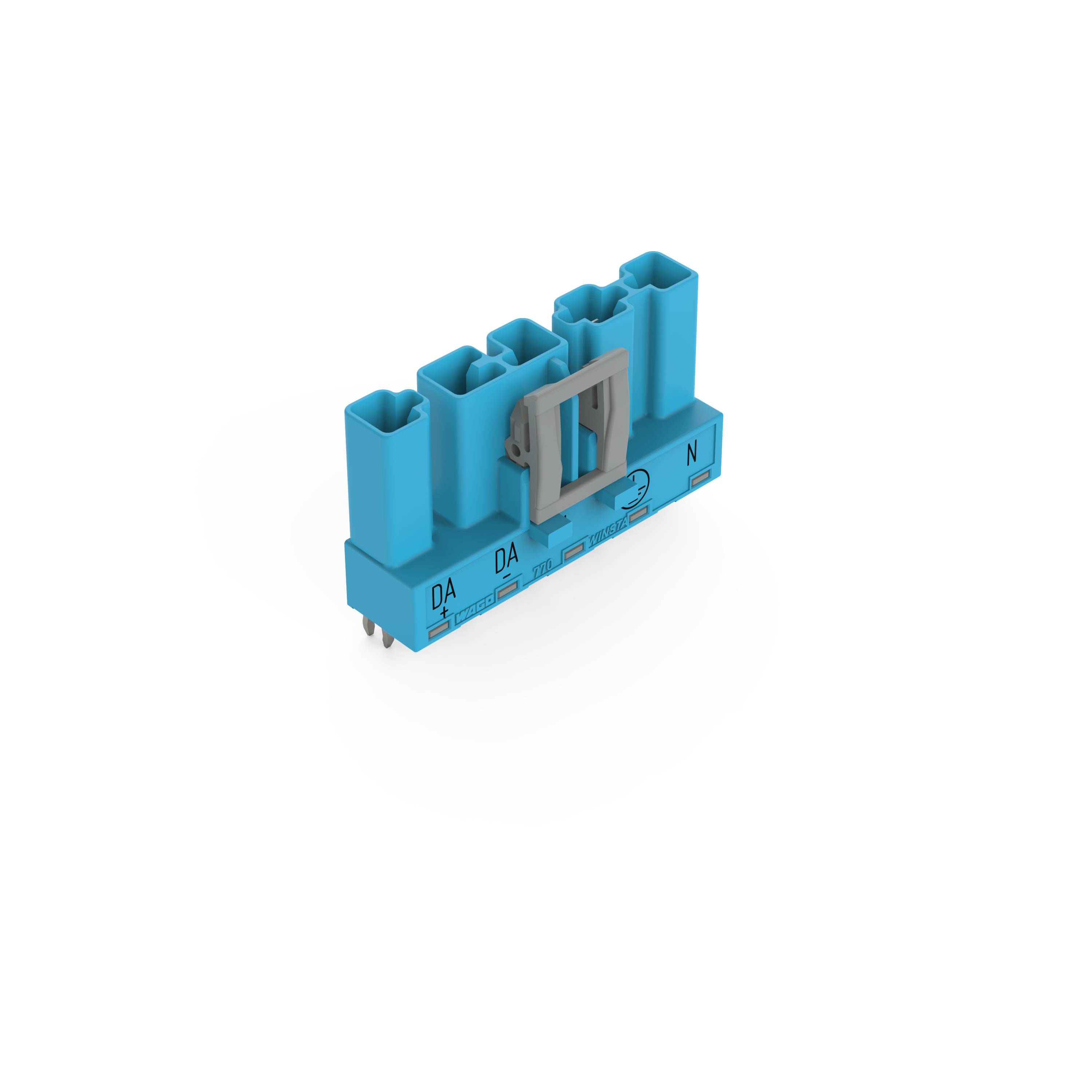 Ein blauer Elektrostecker mit vier Anschlüssen, die mit „DA