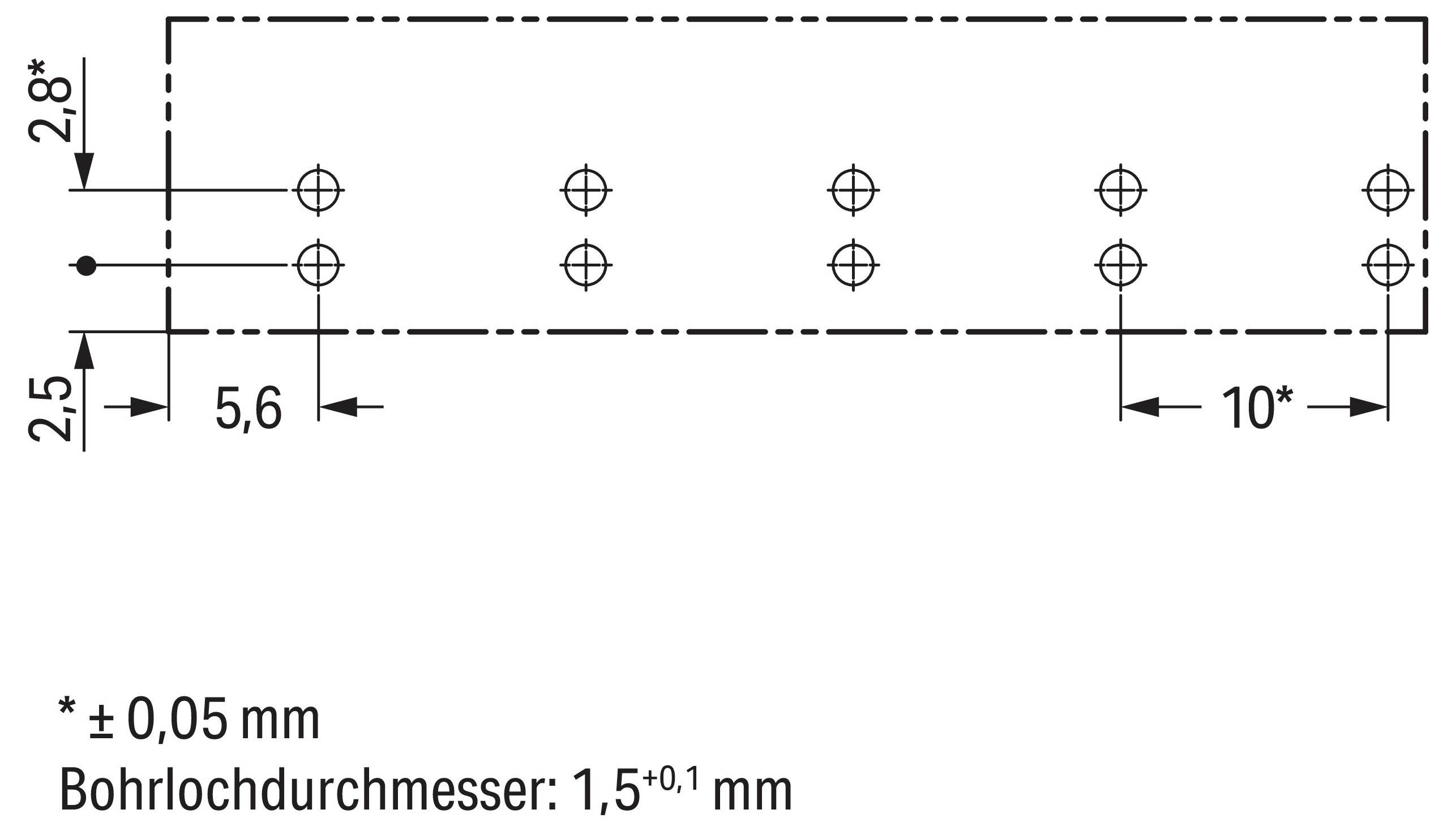 Eine technische Zeichnung, die ein rechteckiges Metallteil mit mehreren gebohrten Löchern zeigt. Abmessungen und Toleranzen sind in Millimetern gekennzeichnet.