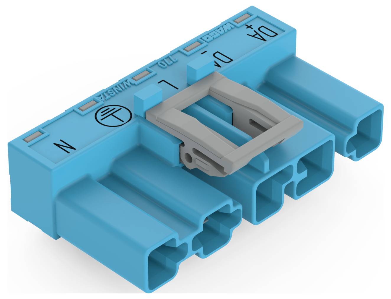 Ein blauer elektrischer Anschlussblock mit mehreren Schlitzen mit den Beschriftungen „N