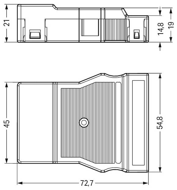 Technische Zeichnung eines Bauteils mit Abmessungen. Horizontale Ansicht: 72,7mm Breite, 45mm Höhe. Vertikale Ansicht: 14,8mm Breite, 21mm Höhe.