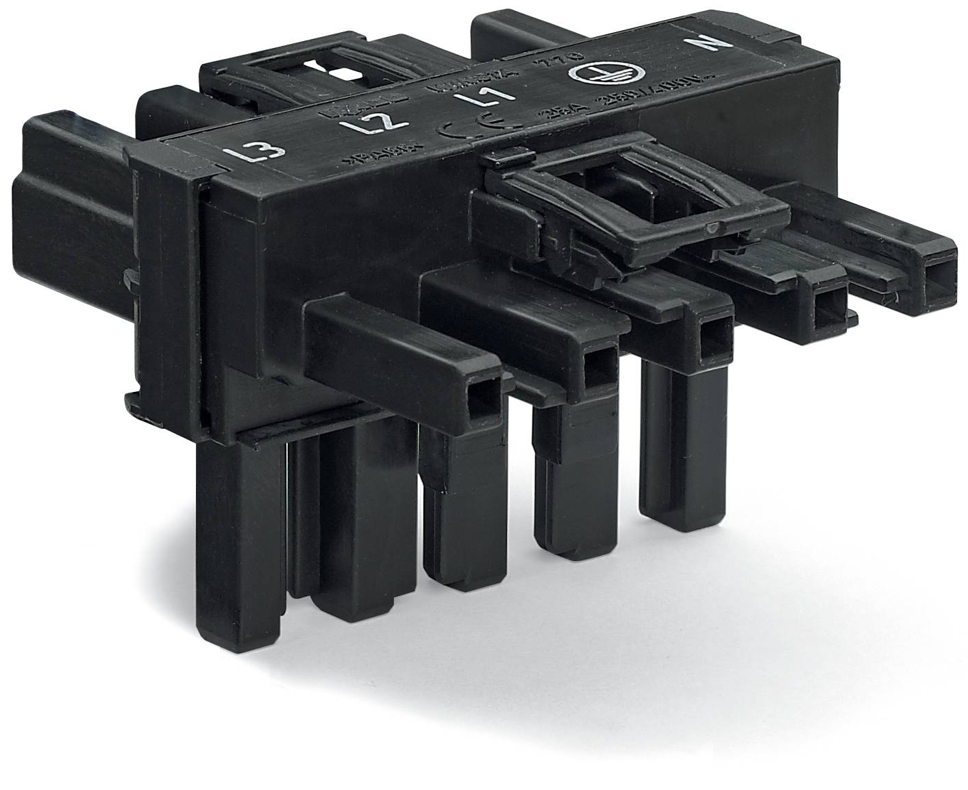 Ein schwarzer Kunststoff-Elektrostecker mit mehreren Anschlüssen, gekennzeichnet mit „L3
