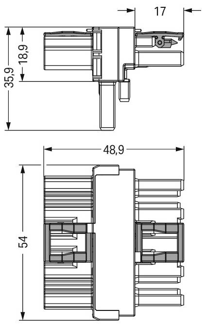 Diagramm einer technischen Komponente mit Vorder- und Seitenansichten, die Maße von 35,9, 18,9, 17, 48,9 und 54 mm zeigen.