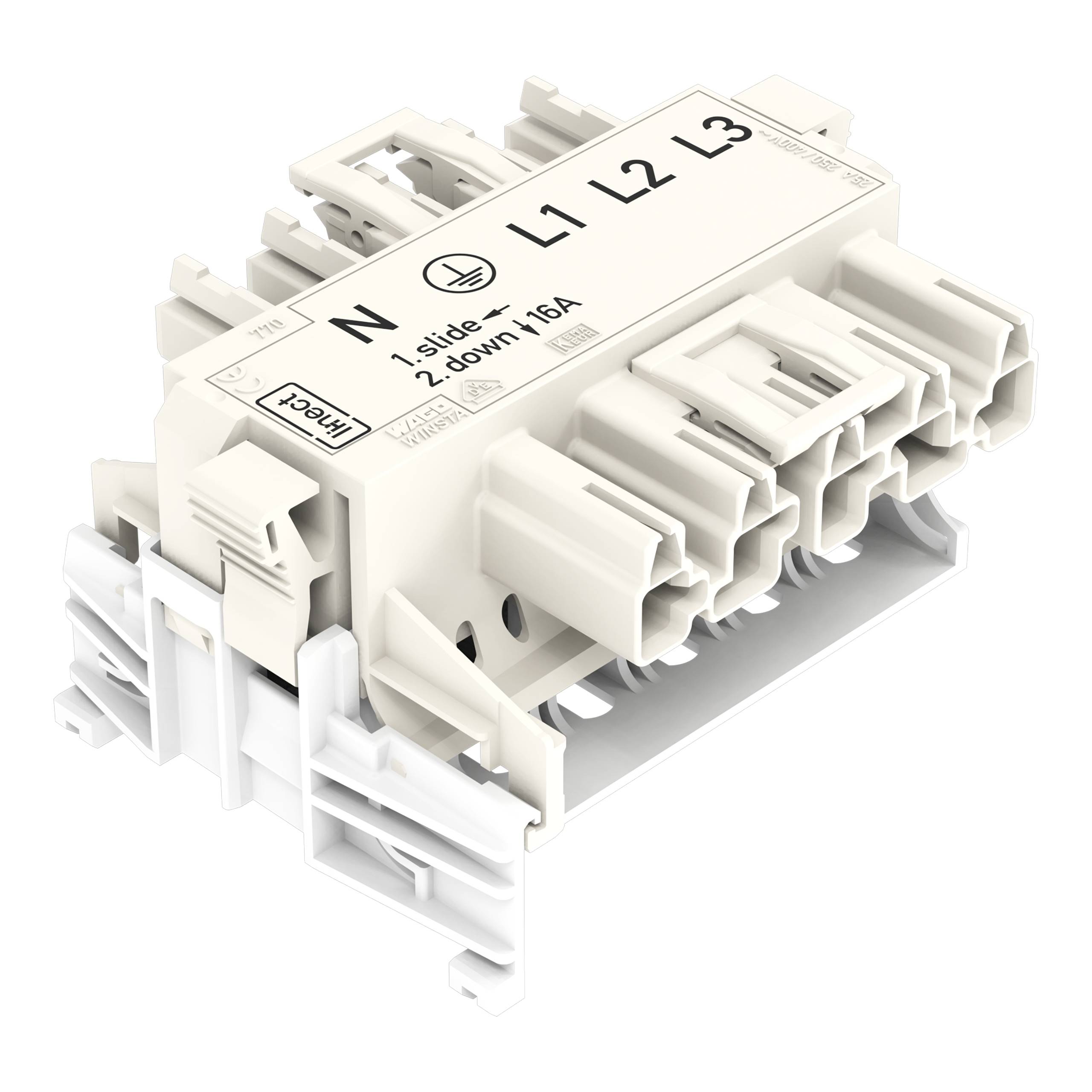 Elektrischer Stecker mit gekennzeichneten Eingängen N, L1, L2, L3. Nennstrom 16A, mit Schiebevorrichtung. Weiße Kunststoffbauweise.