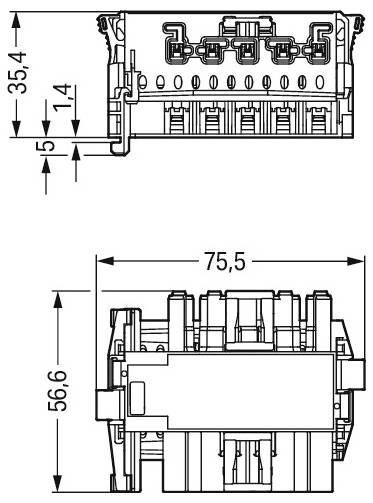 Eine technische Zeichnung, die die Abmessungen eines elektrischen Steckers zeigt, mit einer Höhe von 35,4 mm und 56,6 mm sowie einer Breite von 75,5 mm.