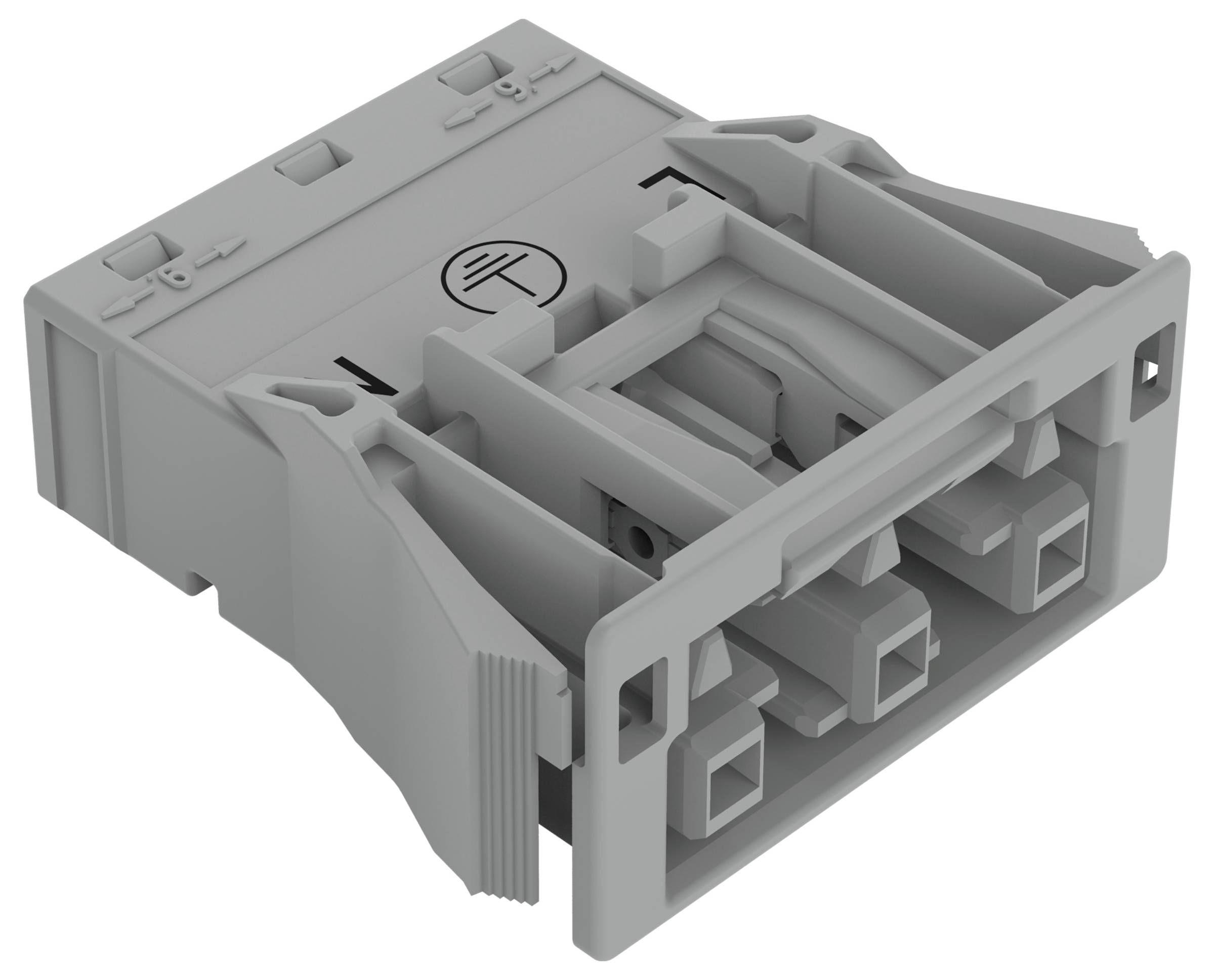 Ein grauer Elektrostecker mit mehreren Schlitzen, mit einem abgerundeten Symbol auf der Oberseite.