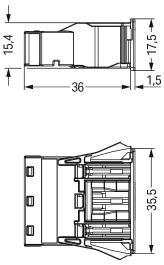Technische Zeichnung mit einem Stecker und Abmessungen: Die Draufsicht beträgt 36x15,4 mm, die Seitenansicht beträgt 36x17,5 mm und die Vorderansicht hat eine Höhe von 35,5 mm.