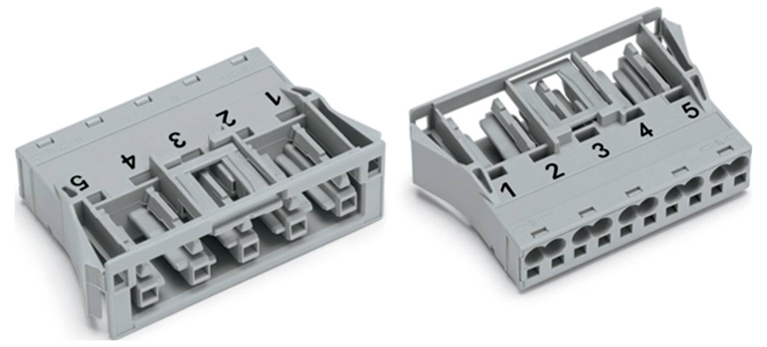Graue Elektrosteckverbinder mit nummerierten Anschlüssen von 1 bis 5, die Stecker- und Buchsenenden zum Verdrahten oder für Schaltungsverbindungen zeigen.