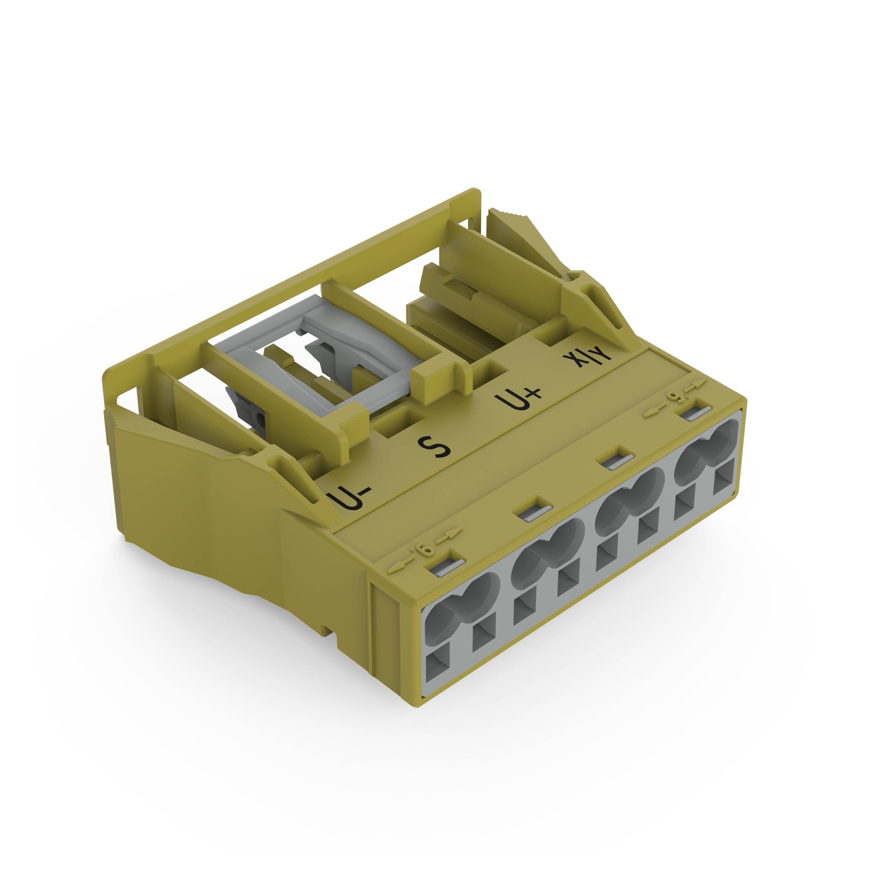 Ein gelber elektrischer Stecker mit den Bezeichnungen „U-