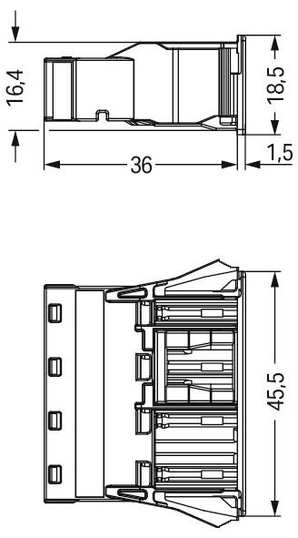 Technische Zeichnung einer mechanischen Komponente mit Maßangaben. Die Draufsicht zeigt eine Breite von 36 mm, Höhen von 16,4 mm und 18,5 mm sowie eine Dicke von 1,5 mm.