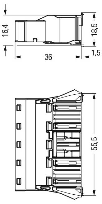 Technisches Diagramm mit einem Stecker und folgenden Abmessungen: 16,4 mm Höhe, 18,5 mm Breite, 36 mm Tiefe und 55,5 mm Länge.