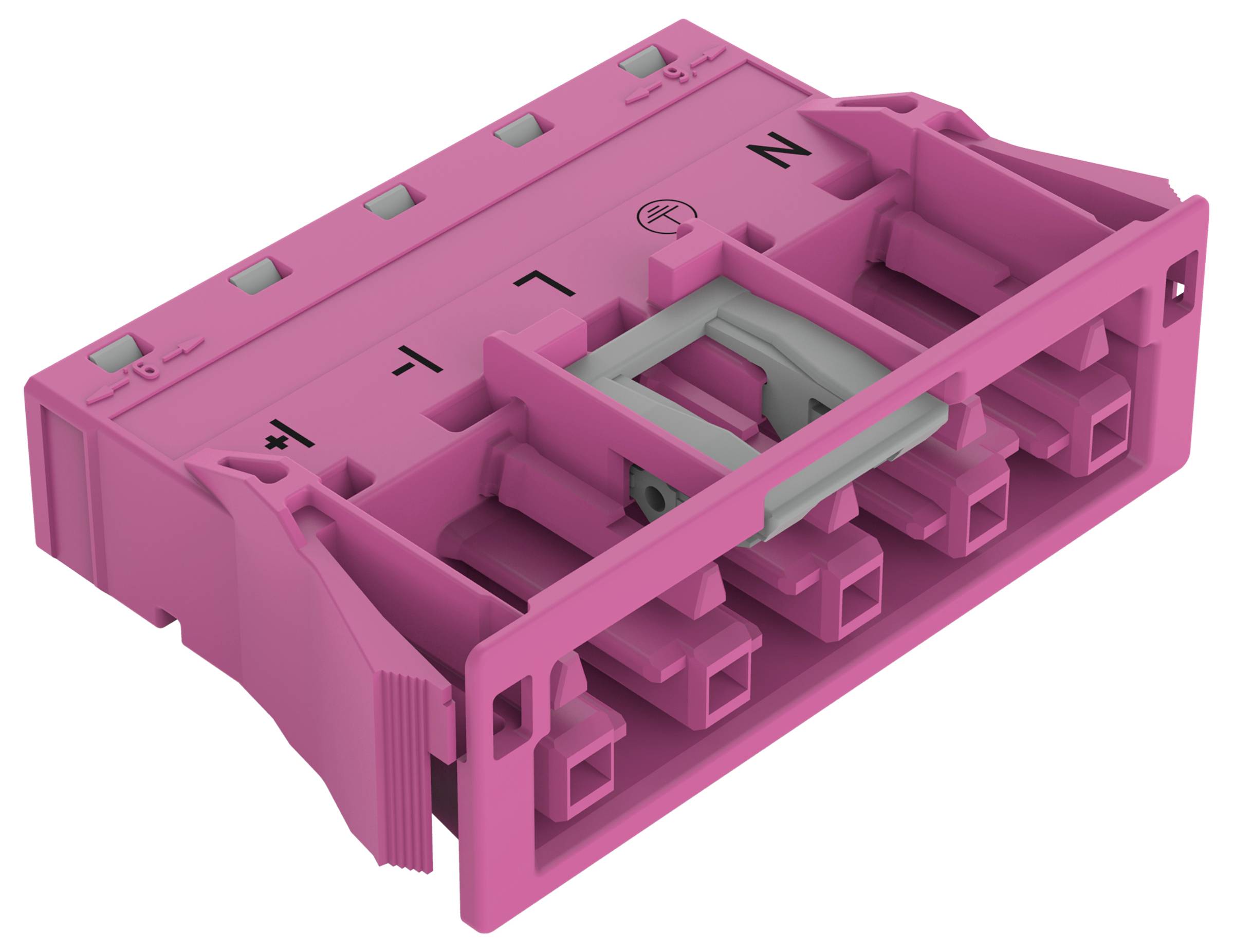 Ein rosa modularer Stecker mit mehreren Schlitzen und einer grauen Verriegelung, gekennzeichnet mit Symbolen wie Plus, Minus, Buchstabe N und einem TÜV-Logo.