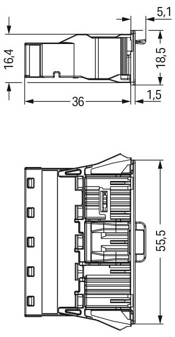 Technische Zeichnung eines Steckers mit Seiten- und Draufsicht mit Abmessungen: Breite 36 mm, Höhe 55,5 mm, verschiedene detaillierte Maße.