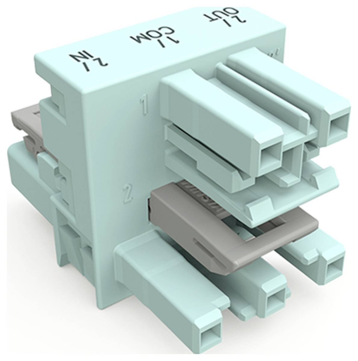 Aquafarbener Lichtwellenleiter-Adapter mit vier Eingangs- und zwei Ausgangsanschlüssen, gekennzeichnet mit 2 IN, 1 IN, COM und 2/1 OUT, wird zum Verbinden von Kabeln verwendet.
