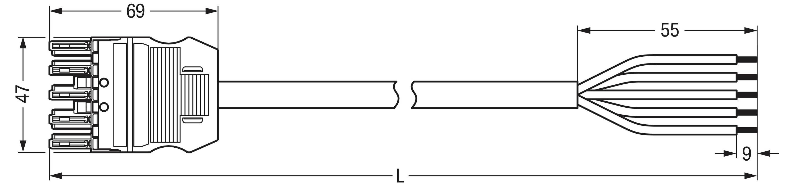 Technische Zeichnung eines Steckers: Sechspoliger Steckverbinder dargestellt, Abmessungen gekennzeichnet als 69, 47 und 55; Verdrahtung erstreckt sich vom Steckverbinder.