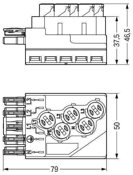 Technisches Schaltbild eines fünfteiligen Elektrosteckers mit Abmessungen: 79 mm Breite, 50 mm Höhe, 37,5 mm und 46,5 mm Tiefe.