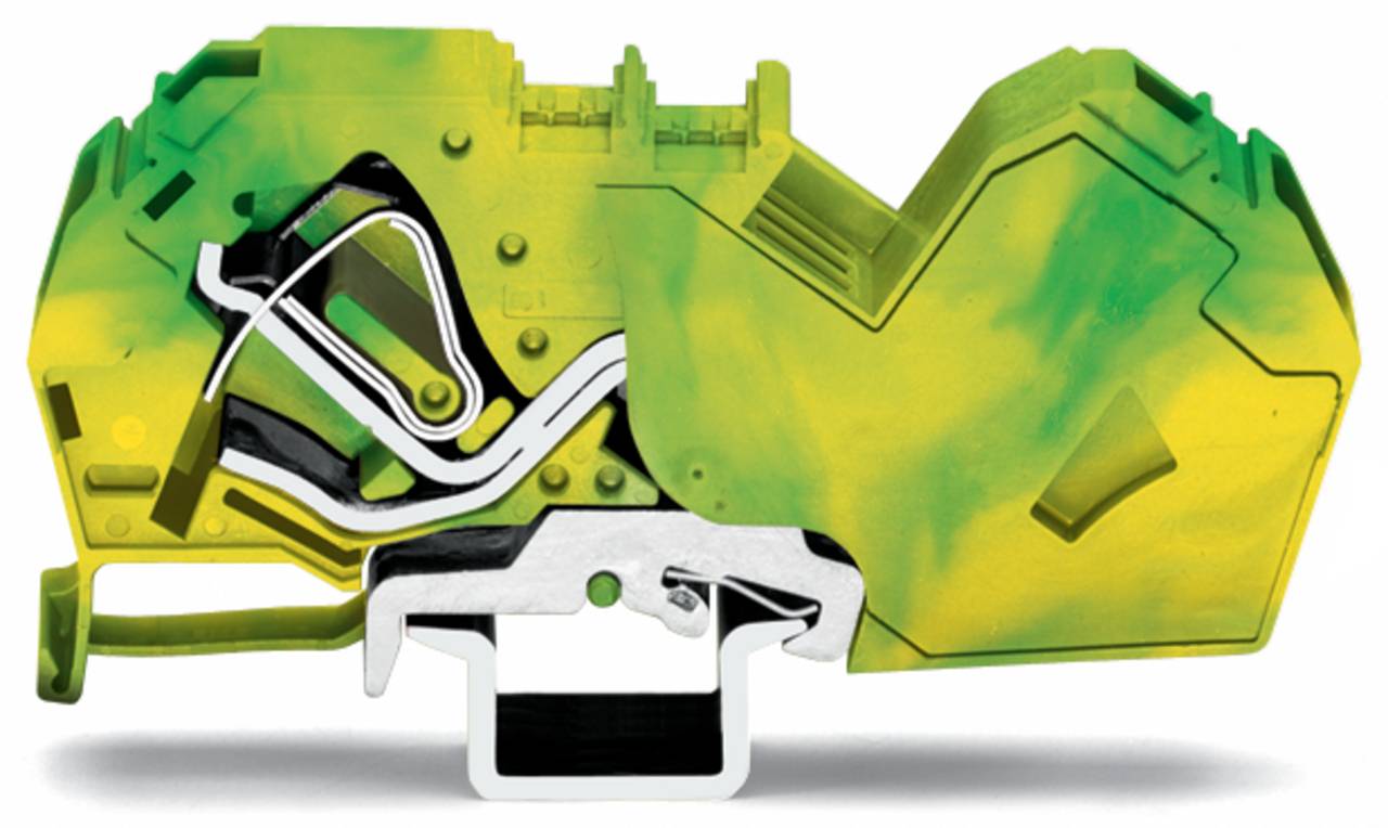Ein gelb-grüner Elektroklemmenblock mit sichtbaren internen Metallkomponenten, der zum sicheren Verbinden von elektrischen Drähten verwendet wird.